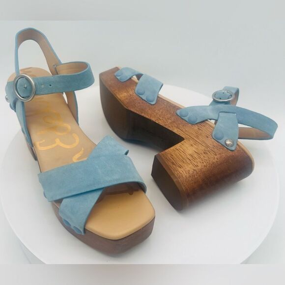 New! SAM EDELMAN Women's Josefine Platform Heeled Sandal Sky Blue - Picture 1 of 15